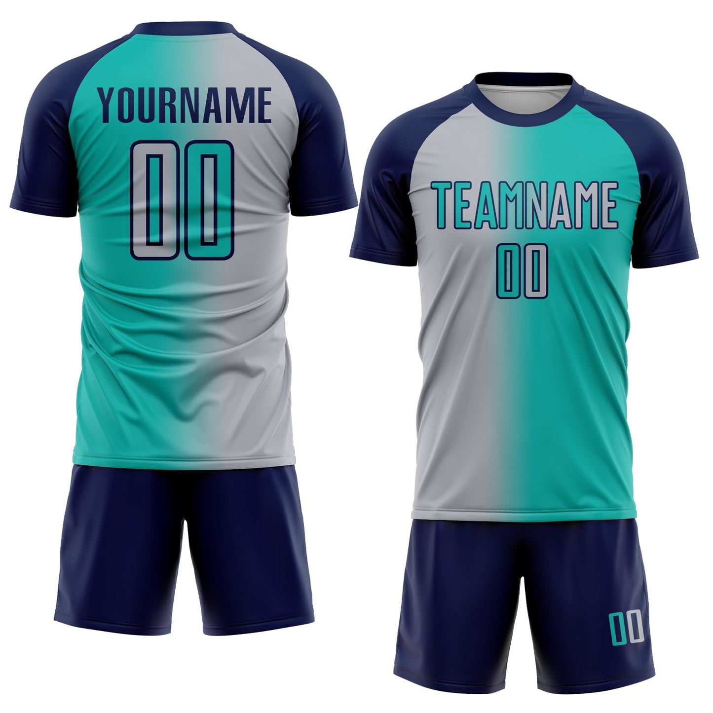 Custom Aqua Gray-Navy Sublimation Gradient Fashion Soccer Uniform Jersey