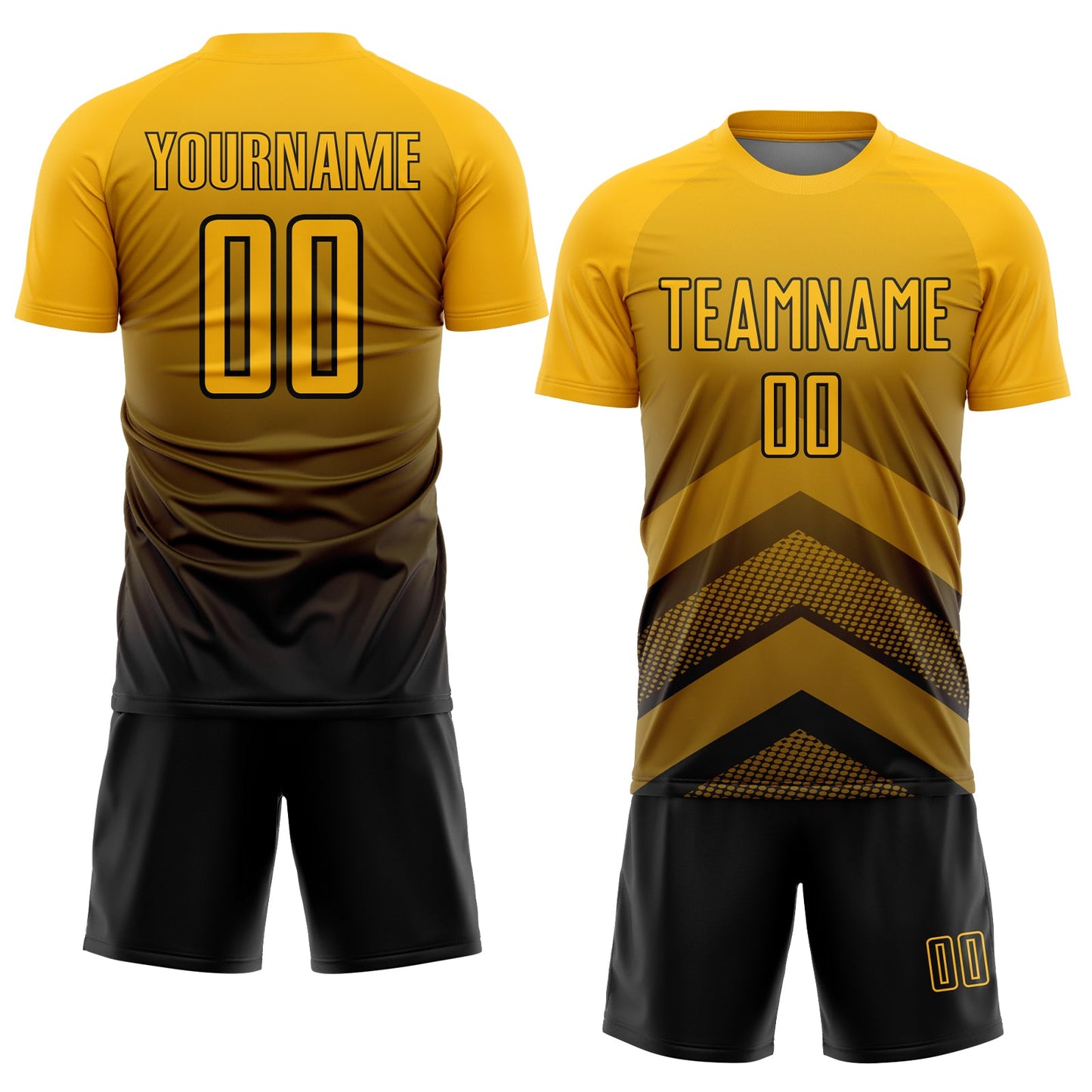 Custom Gold Black Gradient Arrow Geometric Shapes Sublimation Soccer Uniform Jersey