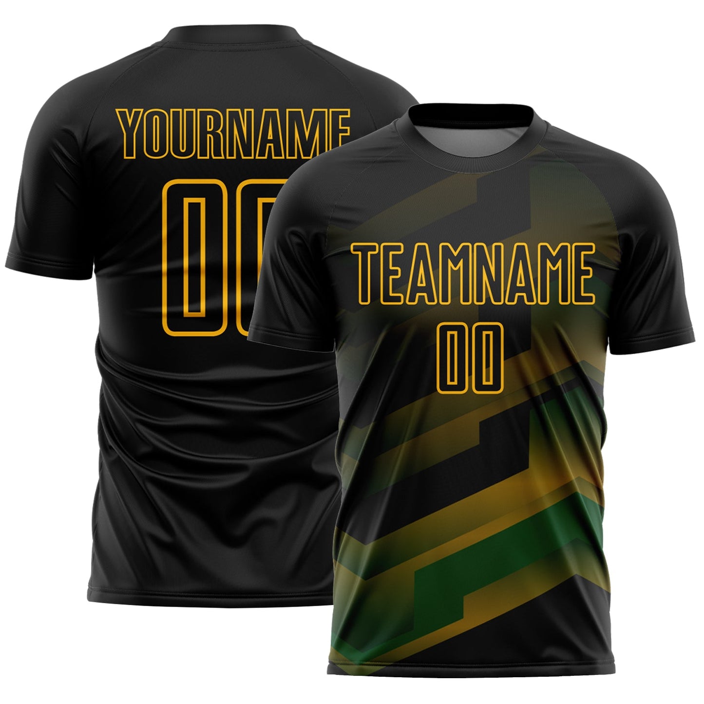 Custom Black Gold Gradient Arrow Geometric Shapes Sublimation Soccer Uniform Jersey