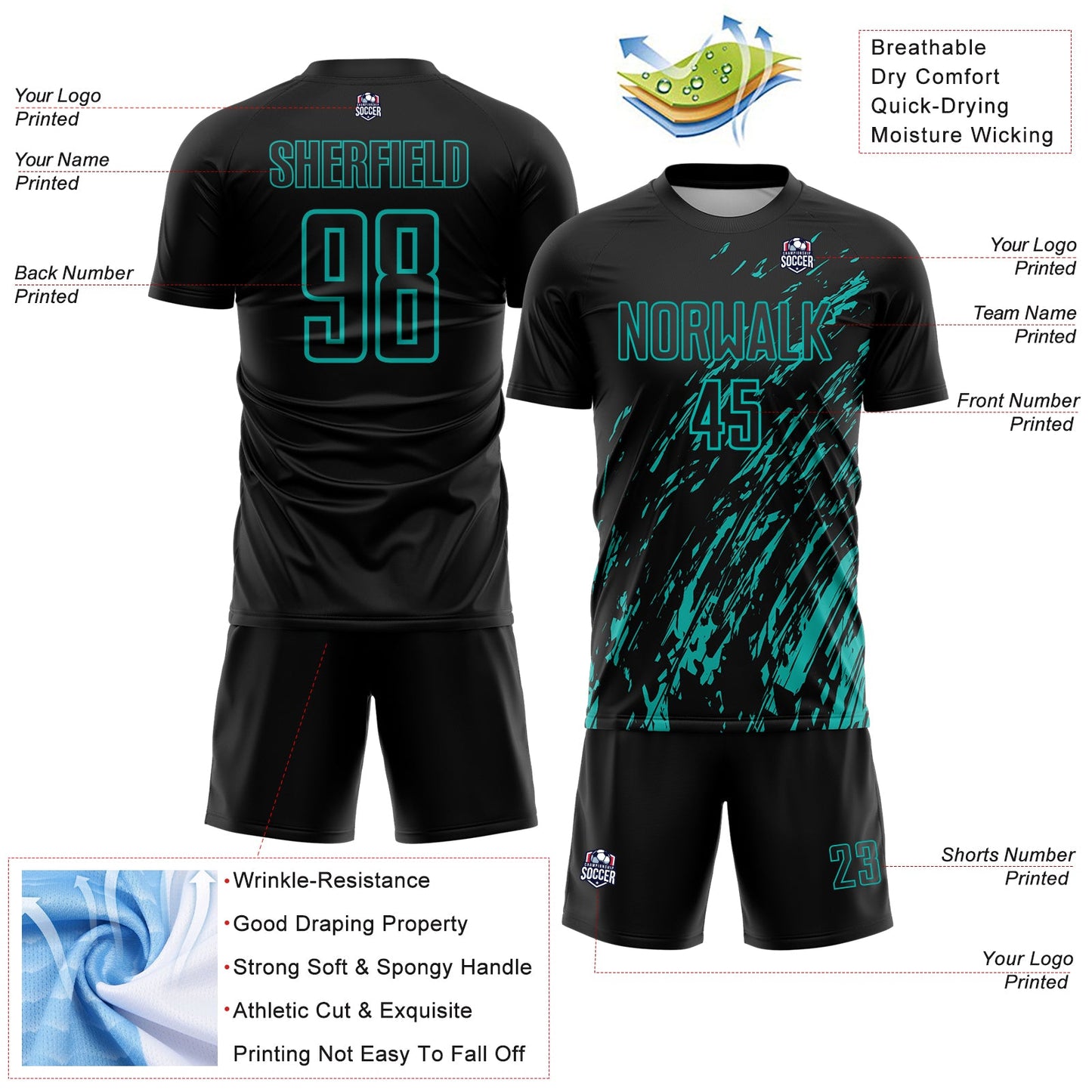 Custom Black Aqua Splash Sublimation Soccer Uniform Jersey