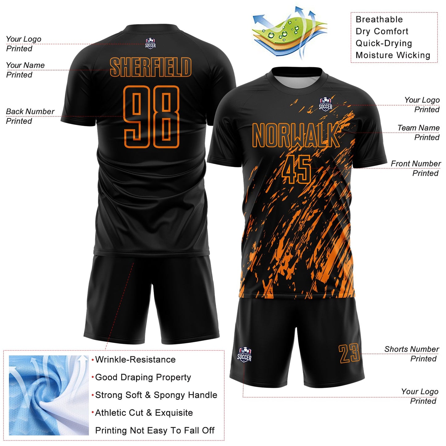 Custom Black Bay Orange Splash Sublimation Soccer Uniform Jersey