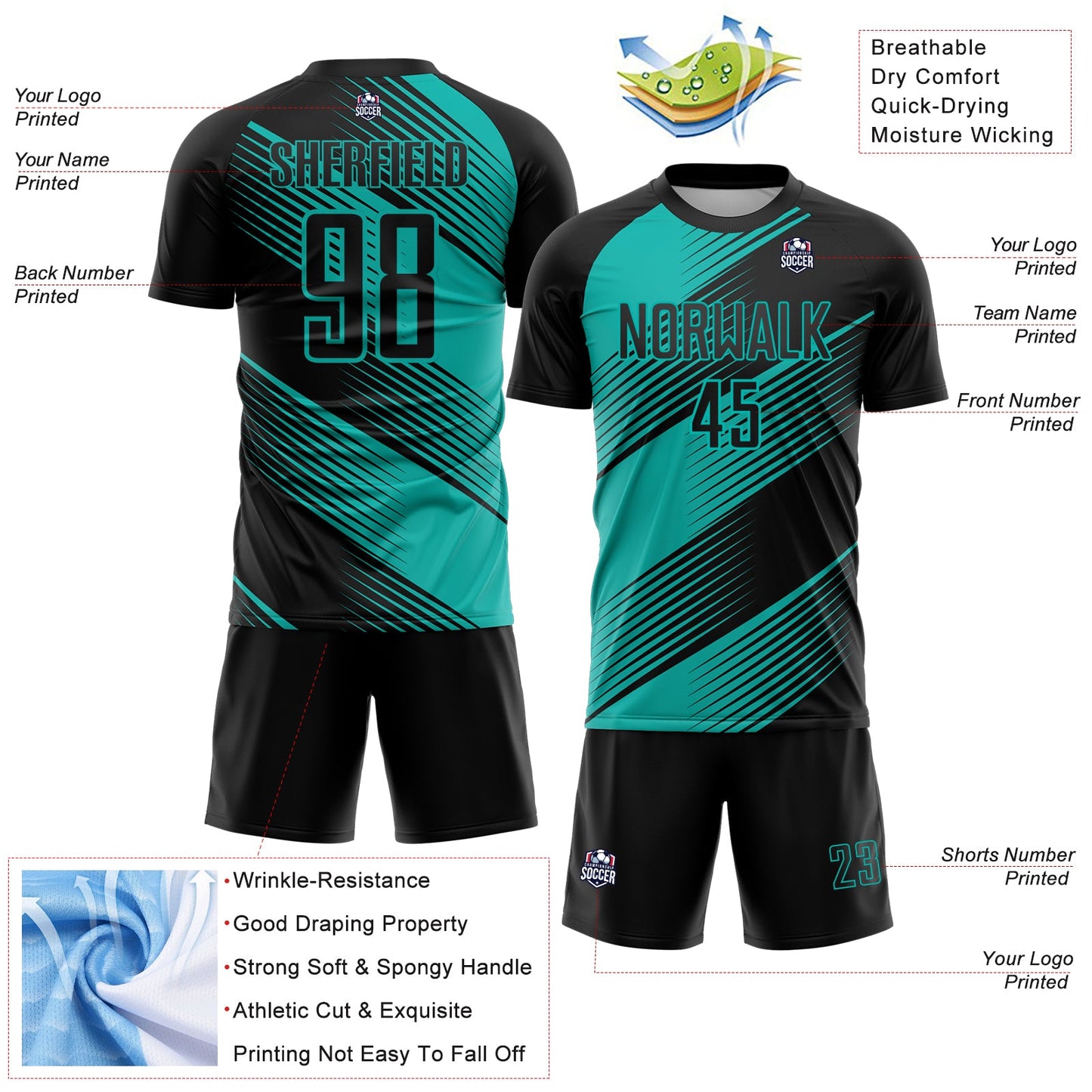 Custom Black Aqua Line Sublimation Soccer Uniform Jersey