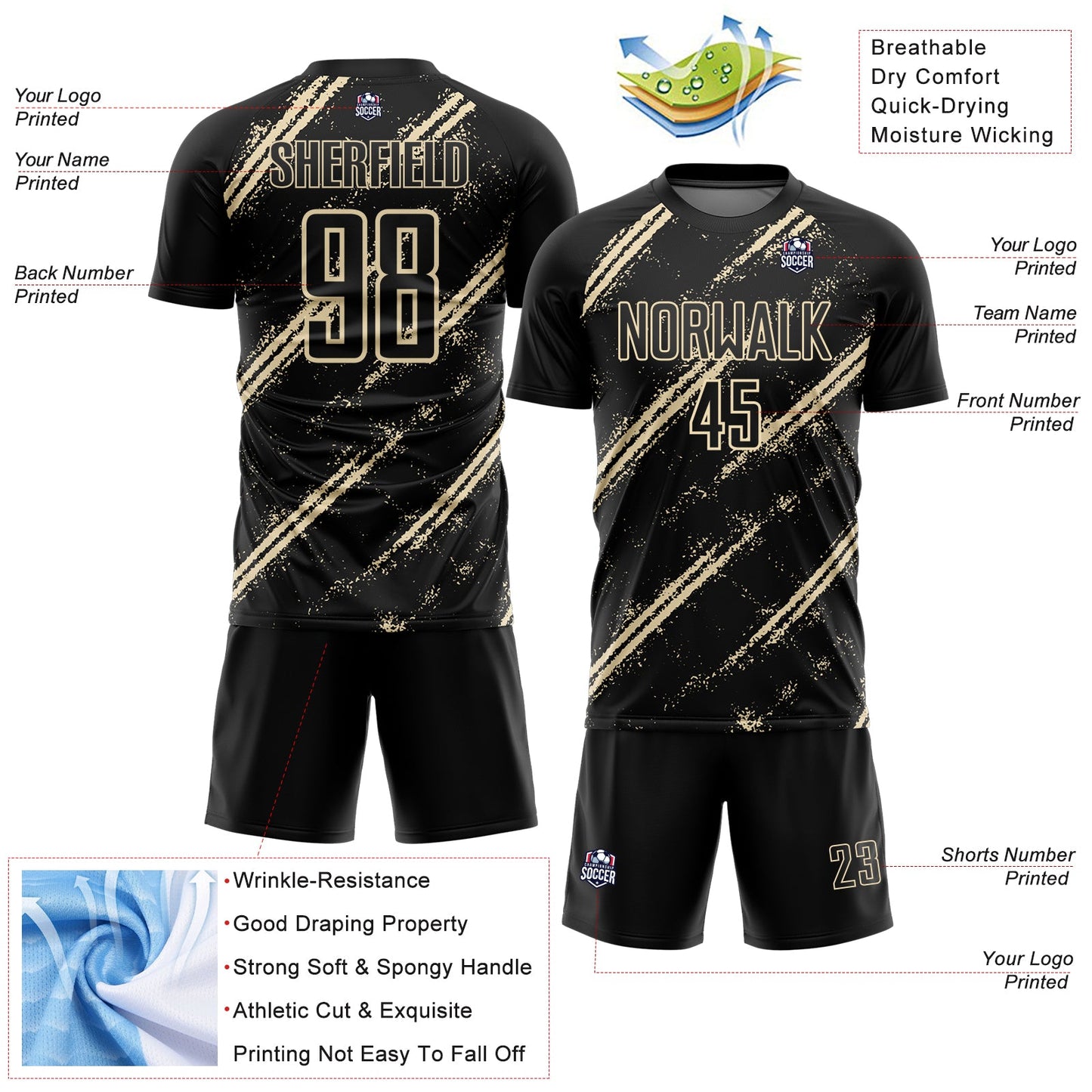 Custom Black Cream Abstract Fragment Art Splash Sublimation Soccer Uniform Jersey