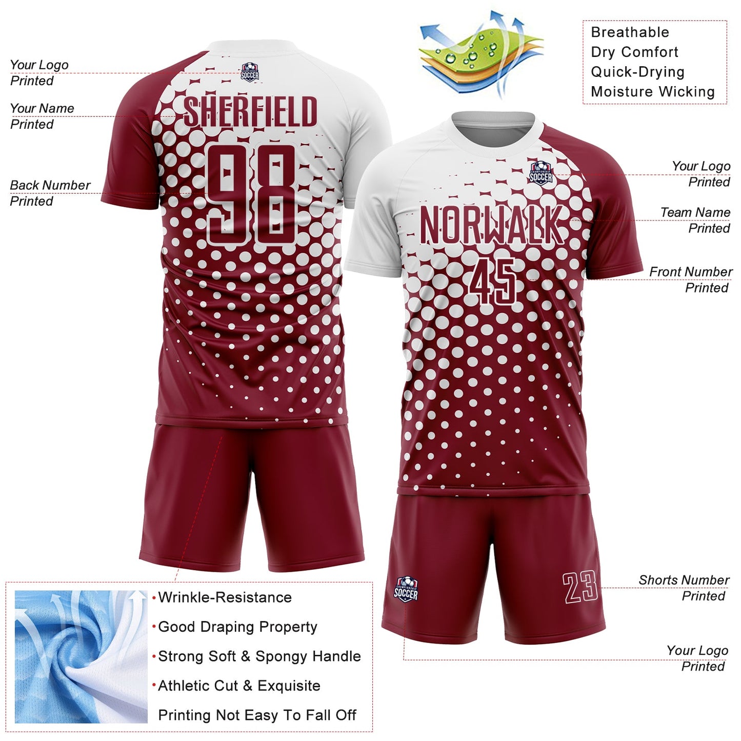 Custom Crimson White Modern Polka Dot Sublimation Soccer Uniform Jersey