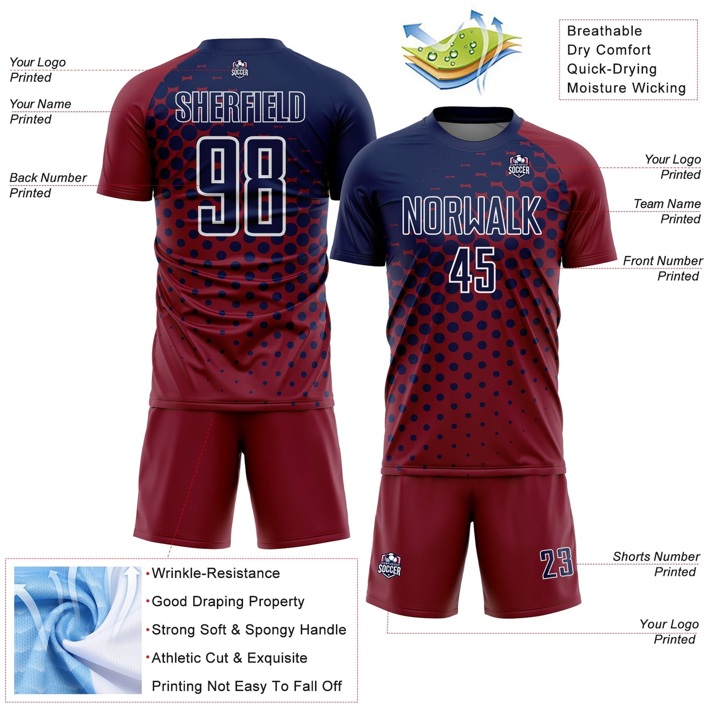 Custom Crimson Navy-White Modern Polka Dot Sublimation Soccer Uniform Jersey