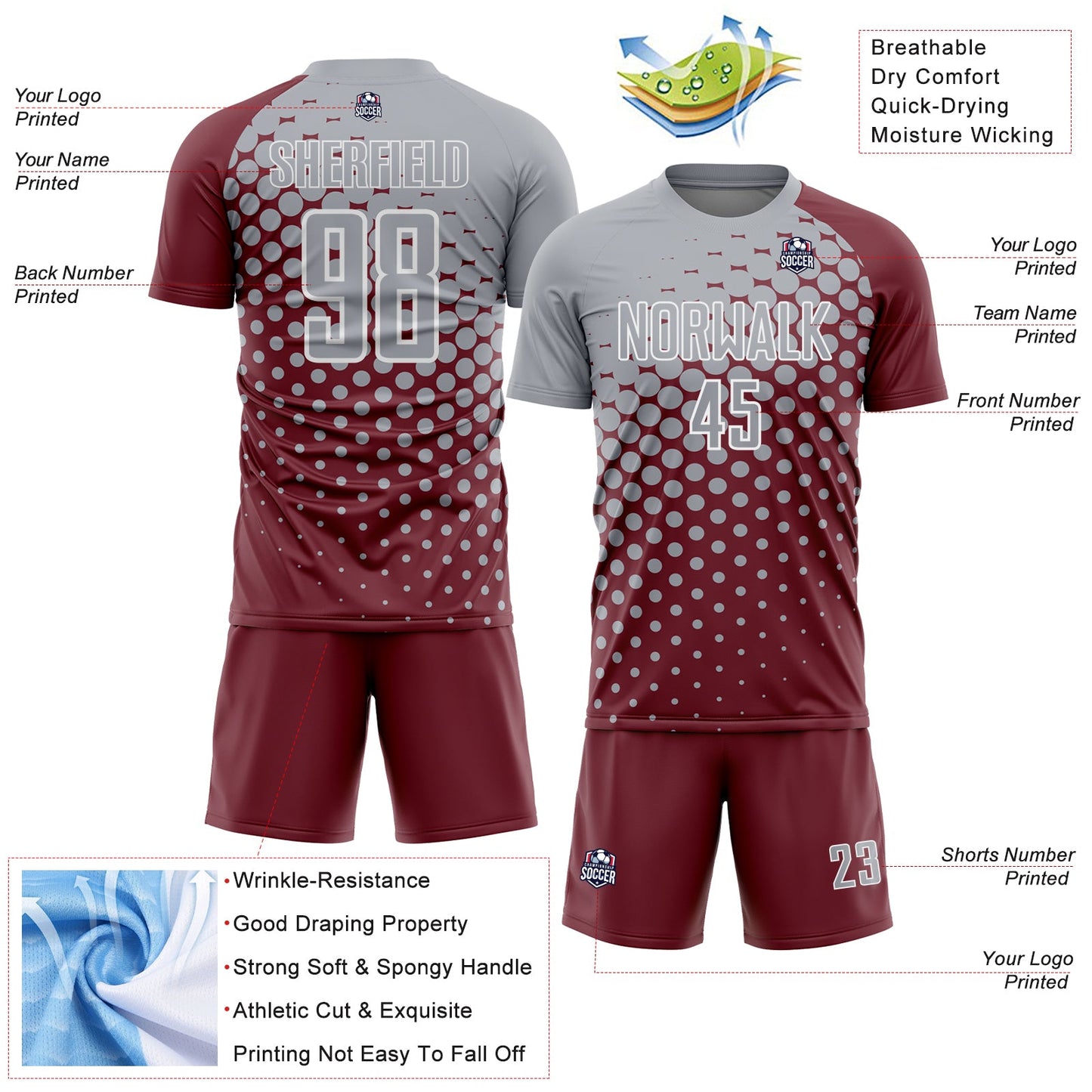 Custom Burgundy Gray-White Modern Polka Dot Sublimation Soccer Uniform Jersey