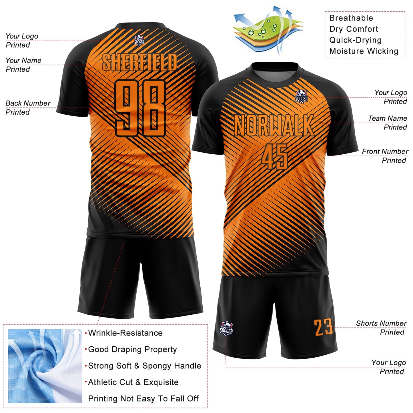 Custom Black Bay Orange Line Sublimation Soccer Uniform Jersey