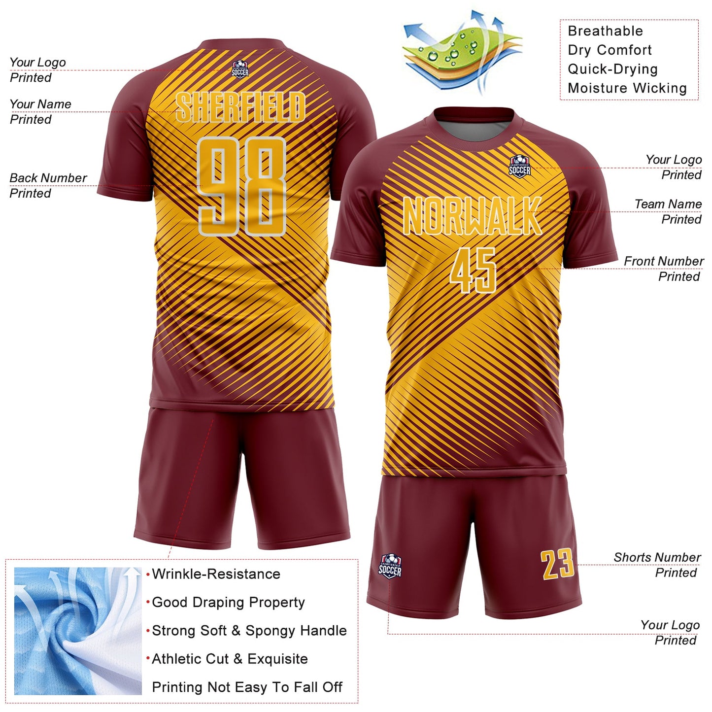 Custom Burgundy Gold-White Line Sublimation Soccer Uniform Jersey