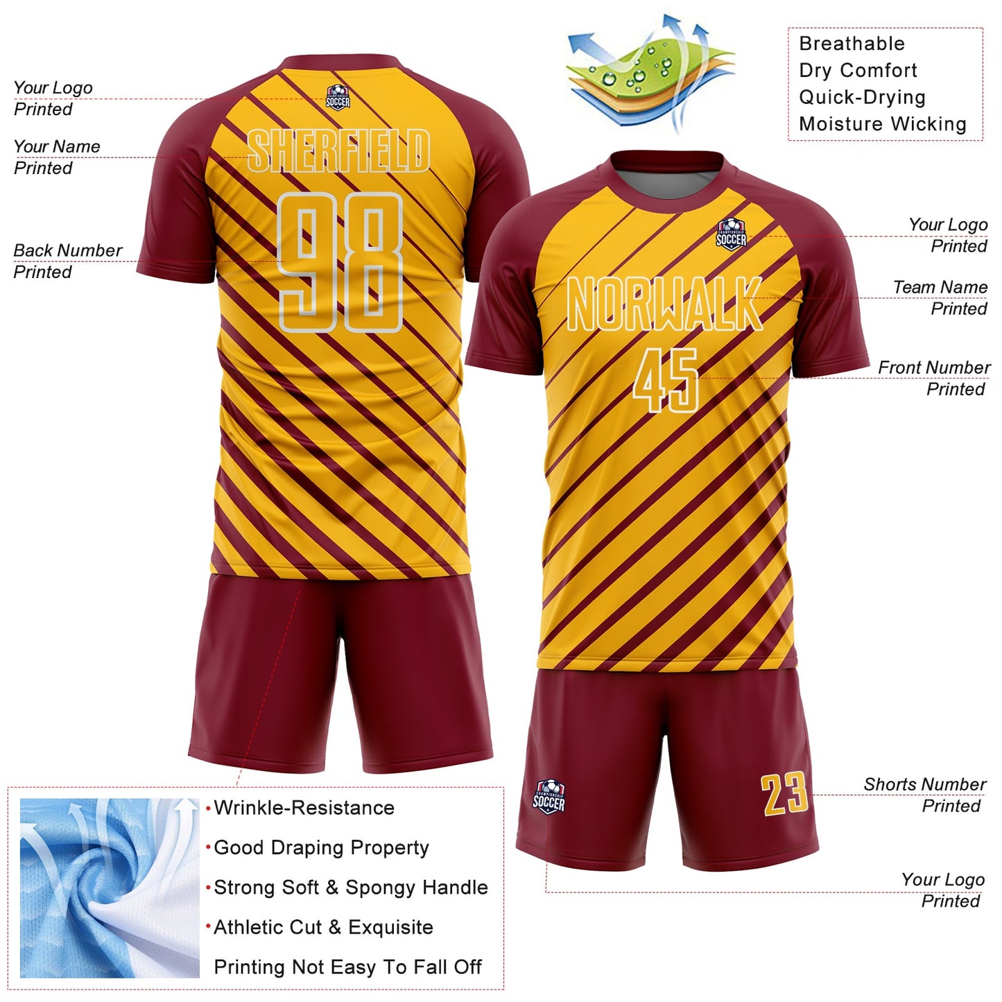 Custom Crimson Gold-White Lines Sublimation Soccer Uniform Jersey