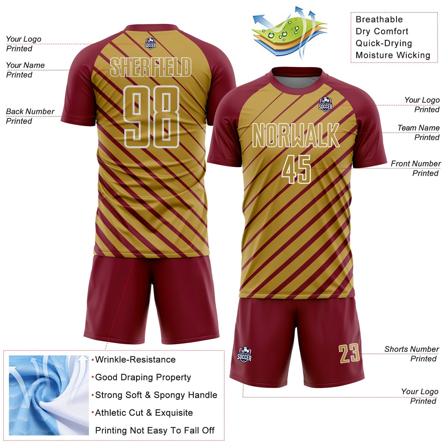 Custom Crimson Old Gold-White Lines Sublimation Soccer Uniform Jersey