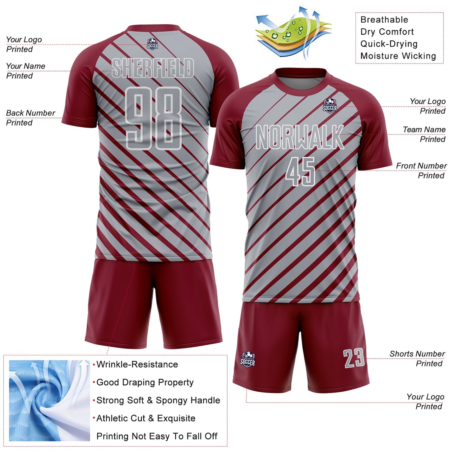Custom Crimson Gray-White Lines Sublimation Soccer Uniform Jersey