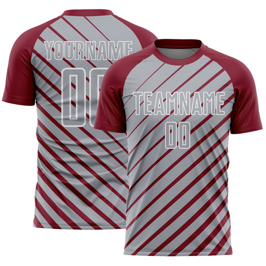 Custom Crimson Gray-White Lines Sublimation Soccer Uniform Jersey