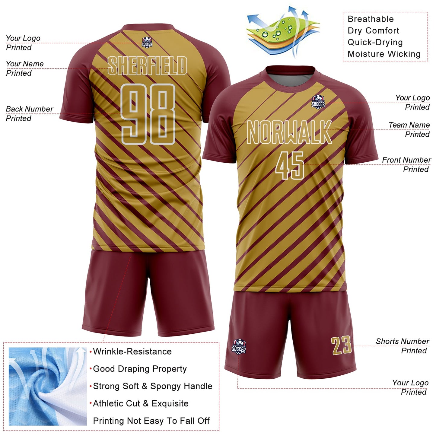 Custom Burgundy Old Gold-White Lines Sublimation Soccer Uniform Jersey