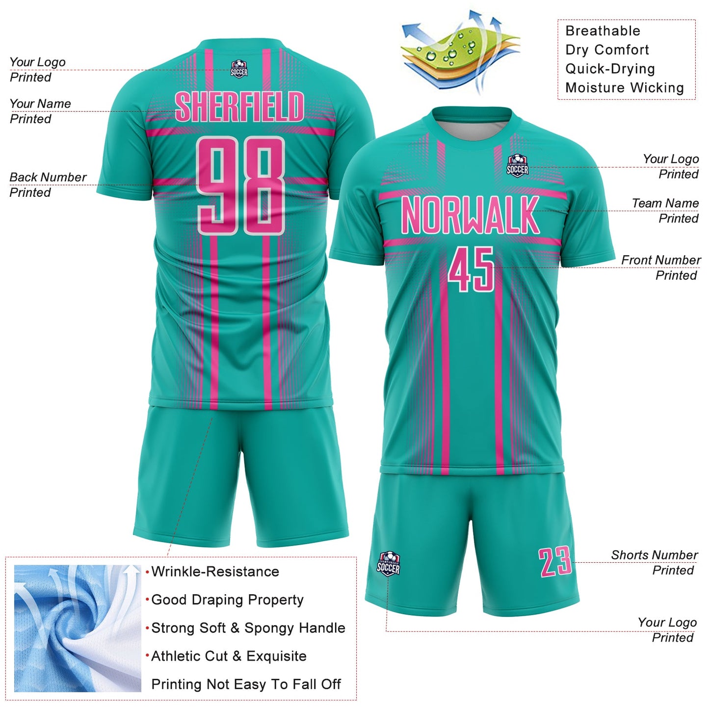 Custom Aqua Pink-White Lines Sublimation Soccer Uniform Jersey