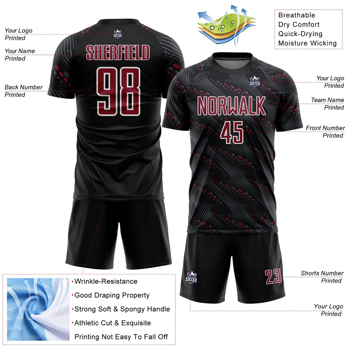 Custom Black Crimson-White Slant Lines Sports Sublimation Soccer Uniform Jersey