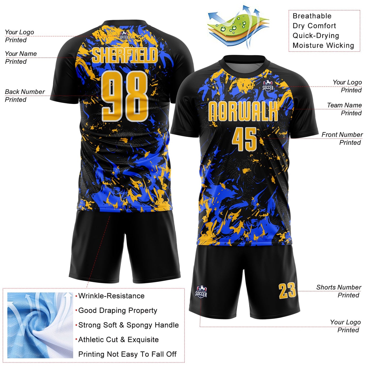 Custom Black Gold Royal-White Fluid Art Splash Sublimation Soccer Uniform Jersey