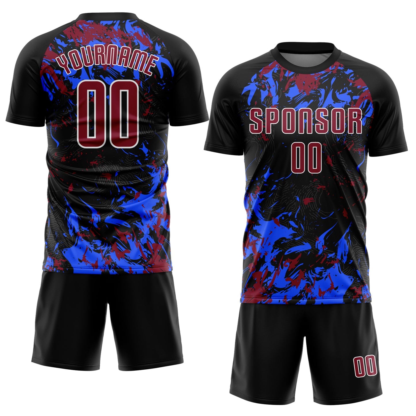 Custom Black Crimson Royal-White Fluid Art Splash Sublimation Soccer Uniform Jersey