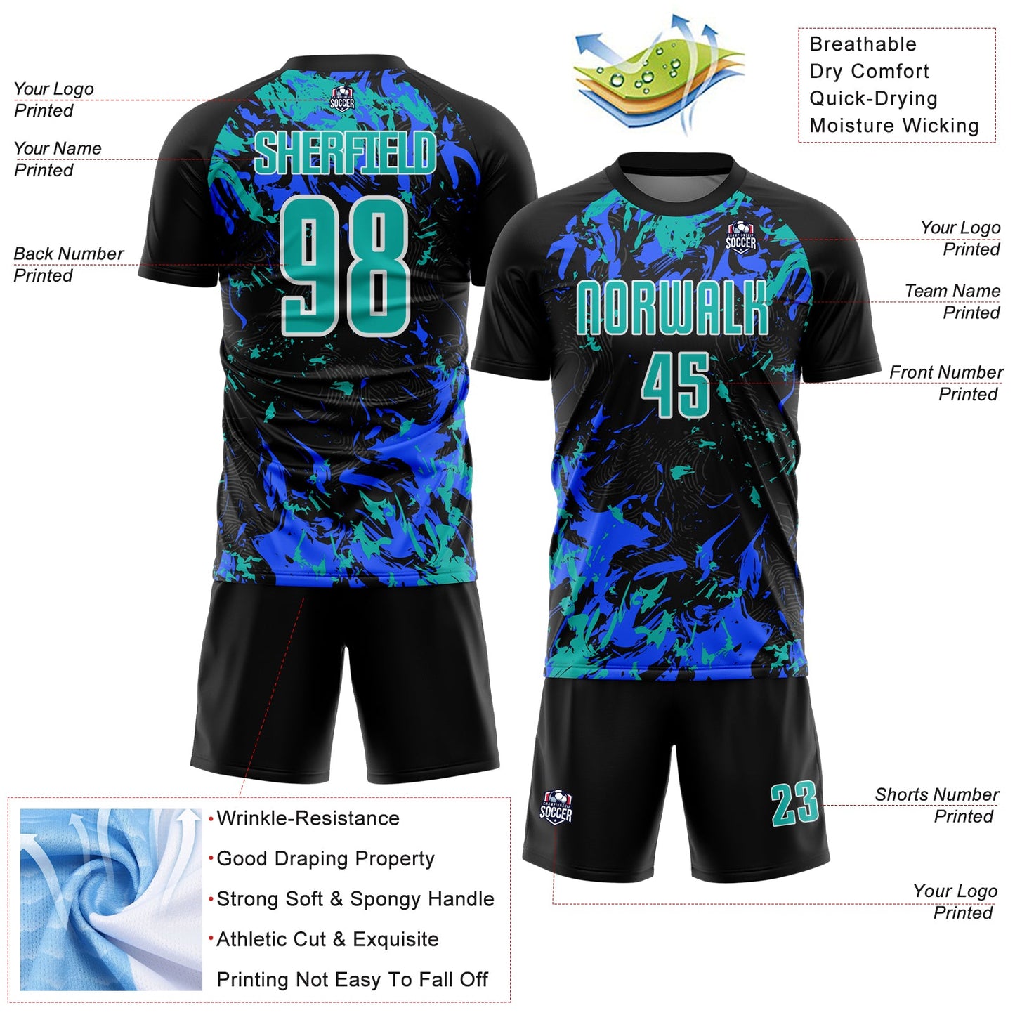 Custom Black Aqua Royal-White Fluid Art Splash Sublimation Soccer Uniform Jersey