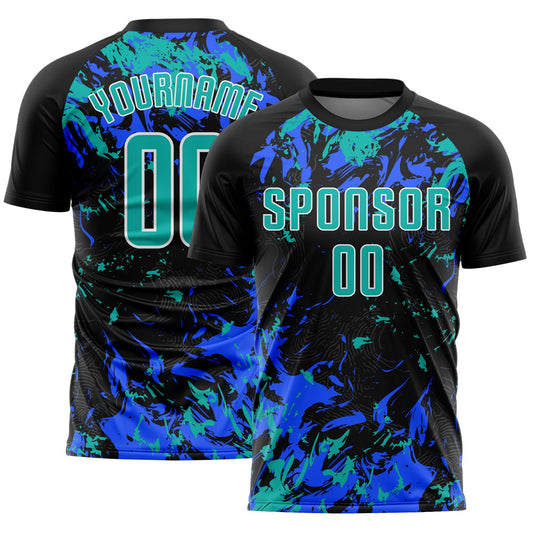 Custom Black Aqua Royal-White Fluid Art Splash Sublimation Soccer Uniform Jersey