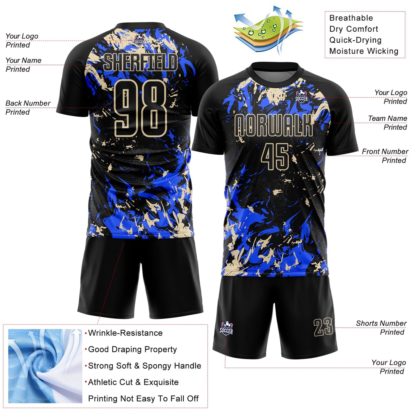 Custom Black Cream-Royal Fluid Art Splash Sublimation Soccer Uniform Jersey