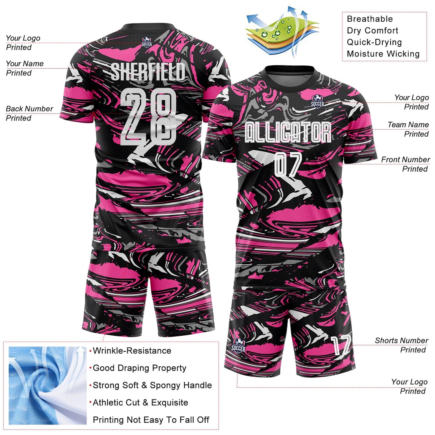 Custom Figure White Black-Pink Fluid Art Splash Sublimation Soccer Uniform Jersey