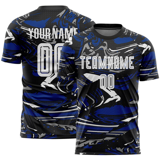 Custom Figure White Black-Royal Fluid Art Splash Sublimation Soccer Uniform Jersey