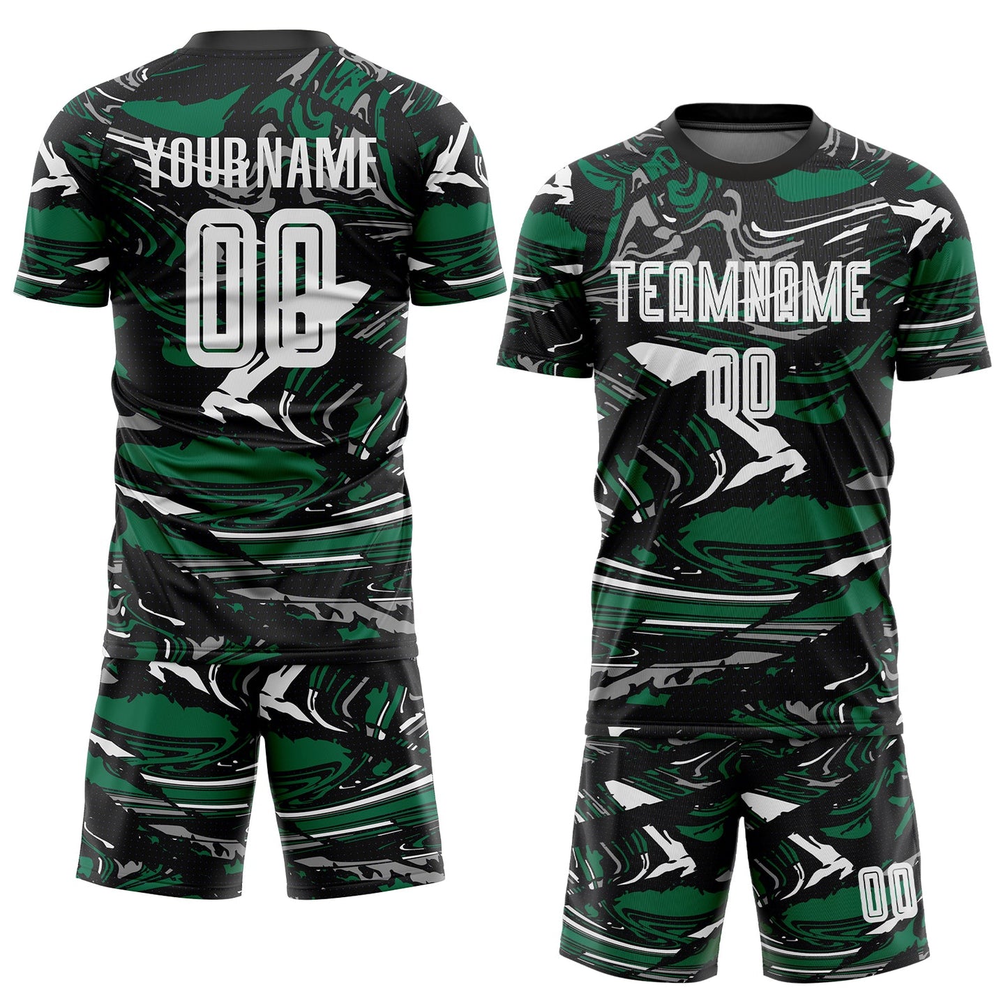 Custom Figure White Black-Kelly Green Fluid Art Splash Sublimation Soccer Uniform Jersey