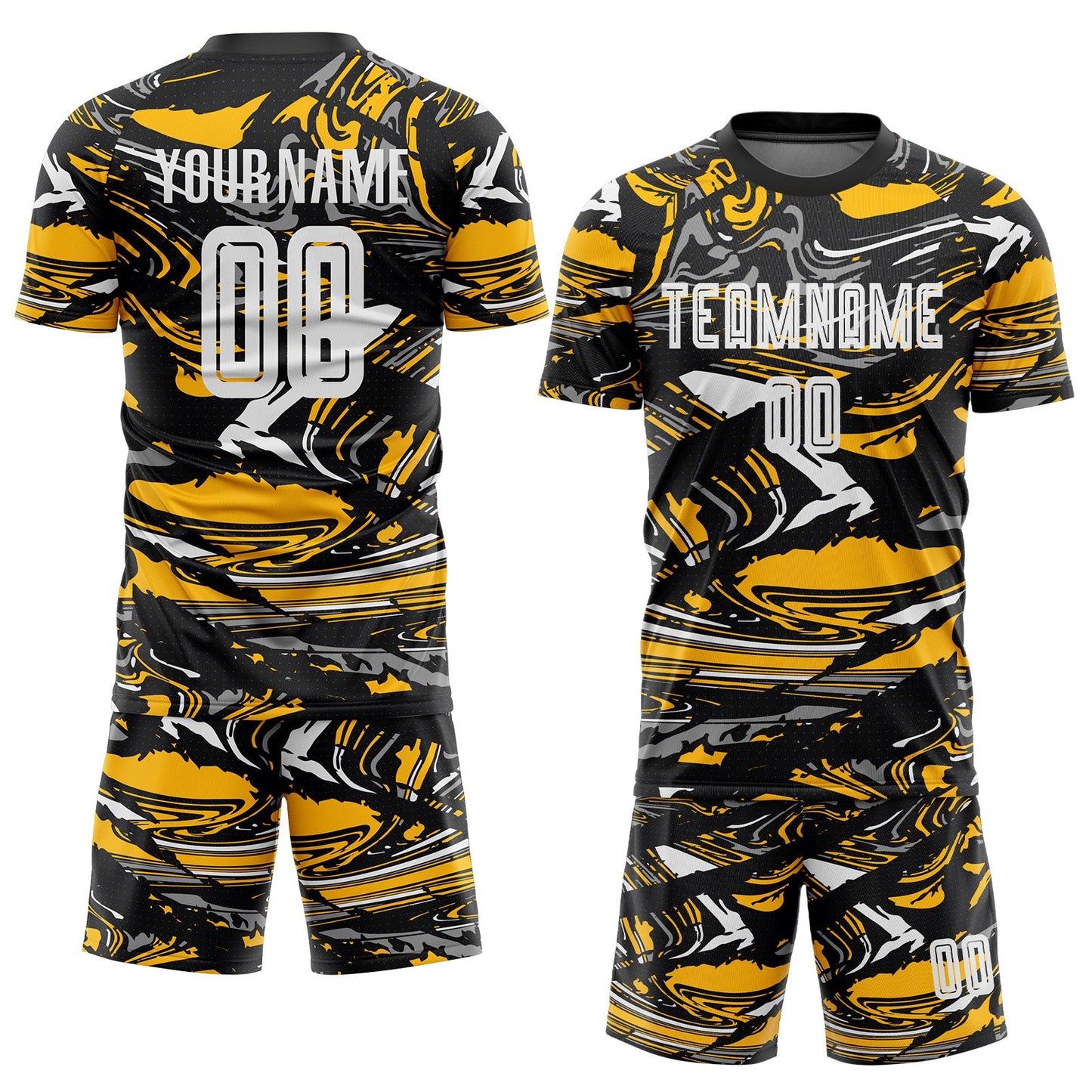 Custom Figure White Black-Gold Fluid Art Splash Sublimation Soccer Uniform Jersey