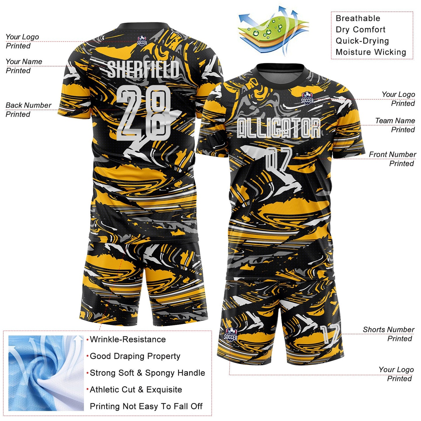 Custom Figure White Black-Gold Fluid Art Splash Sublimation Soccer Uniform Jersey
