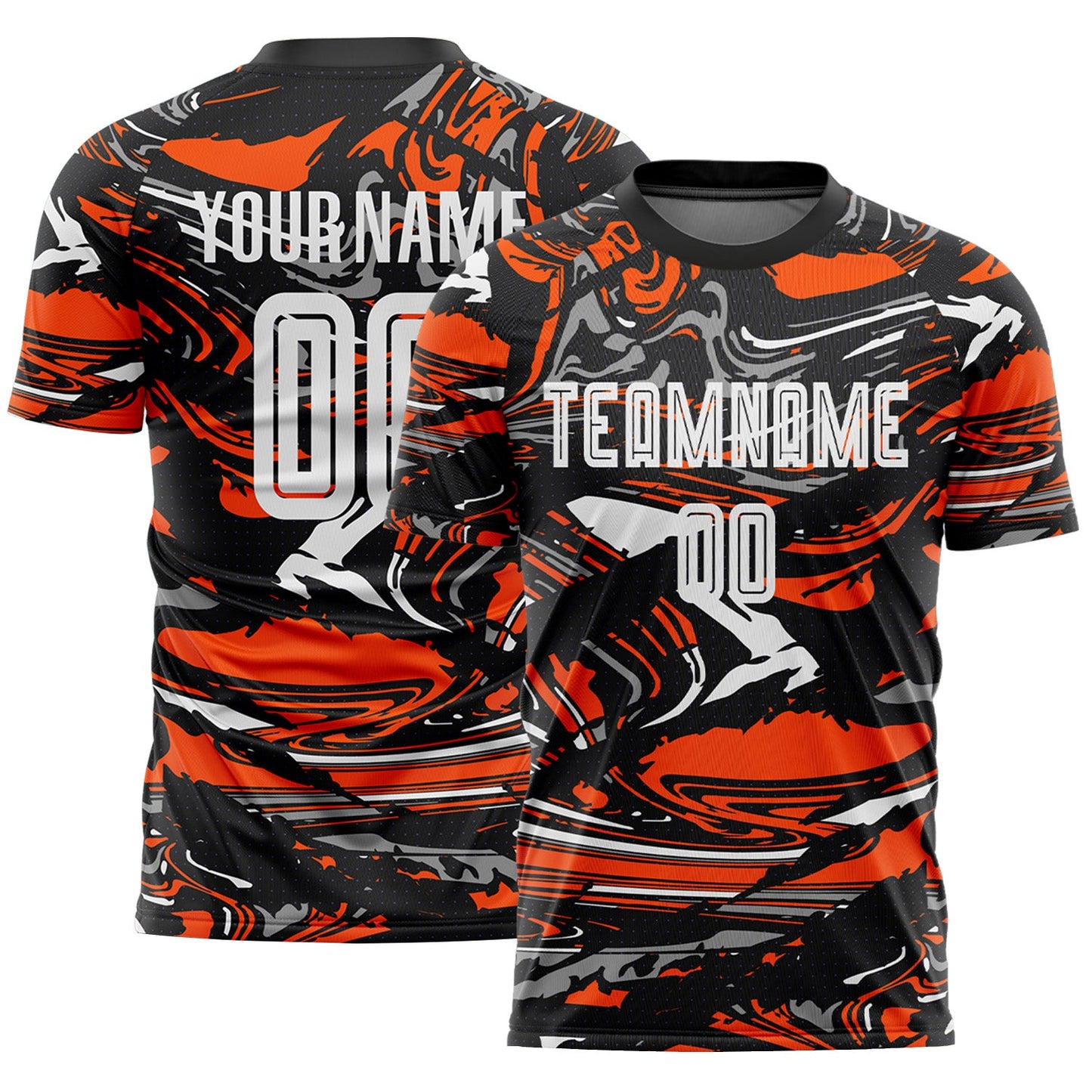 Custom Figure White Black-Orange Fluid Art Splash Sublimation Soccer Uniform Jersey