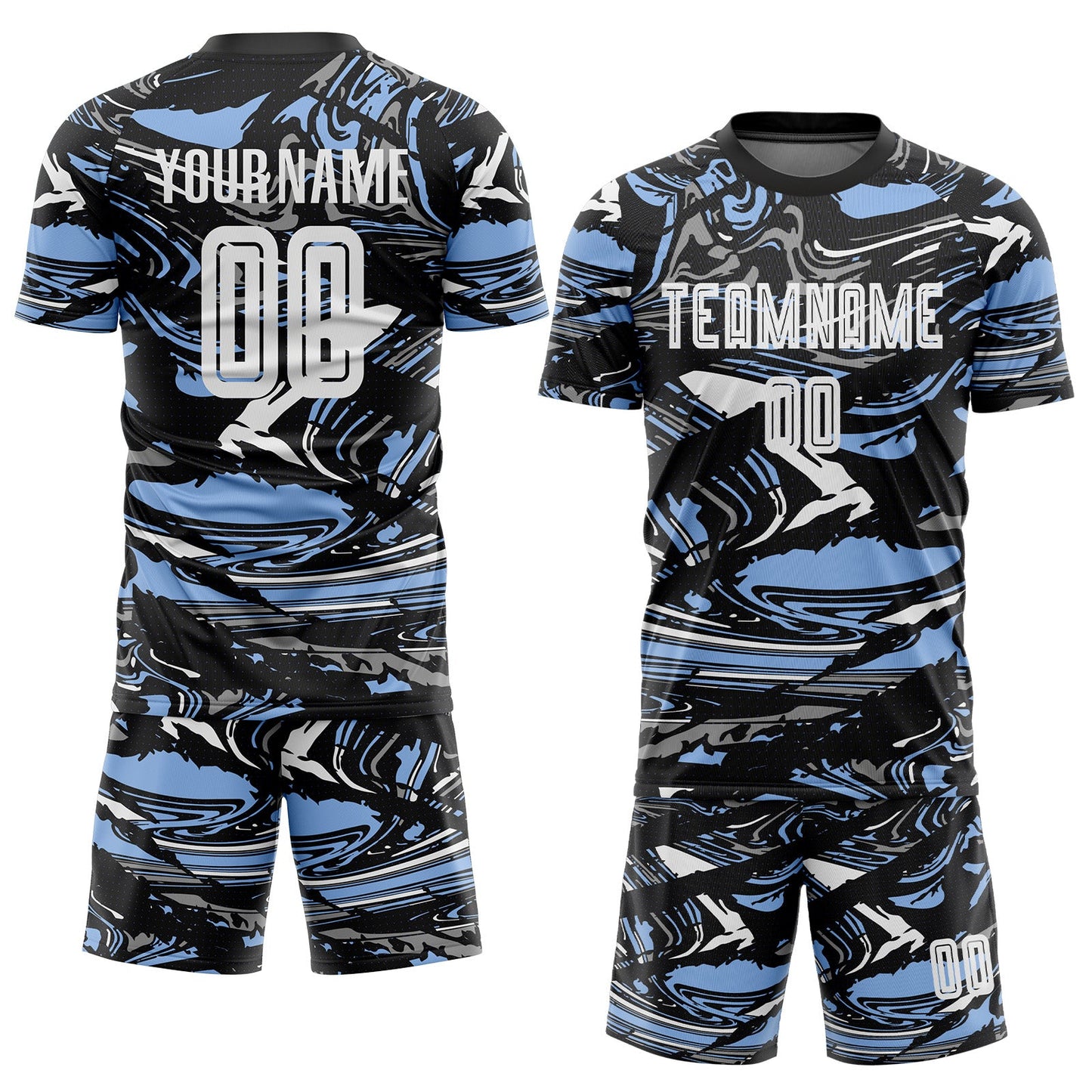 Custom Figure White Black-Light Blue Fluid Art Splash Sublimation Soccer Uniform Jersey