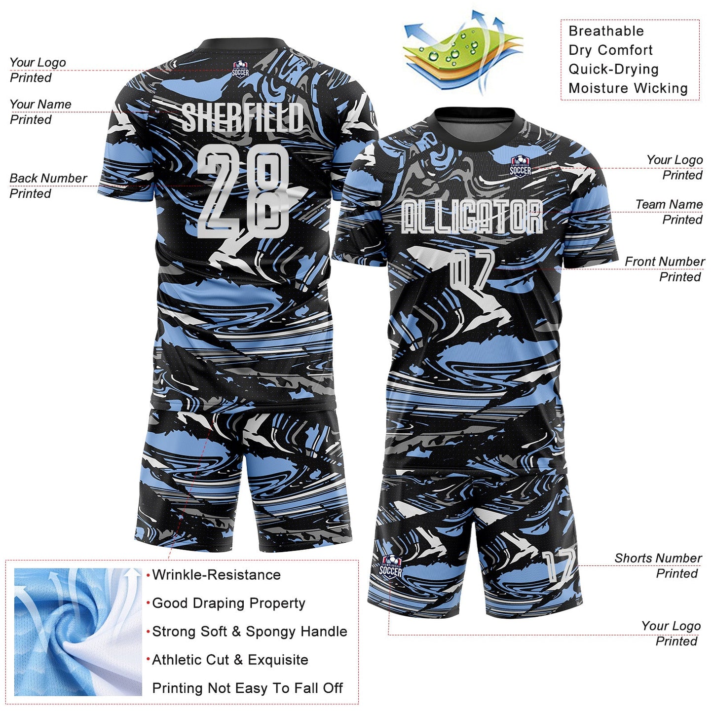 Custom Figure White Black-Light Blue Fluid Art Splash Sublimation Soccer Uniform Jersey