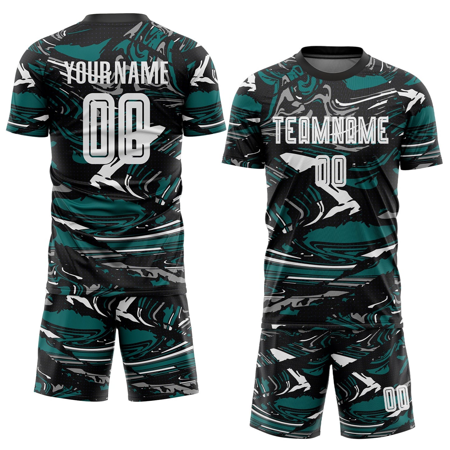 Custom Figure White Black-Teal Fluid Art Splash Sublimation Soccer Uniform Jersey