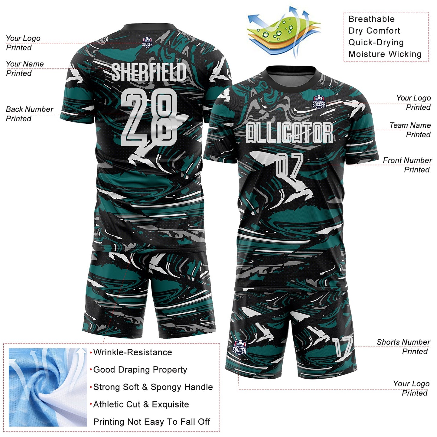 Custom Figure White Black-Teal Fluid Art Splash Sublimation Soccer Uniform Jersey