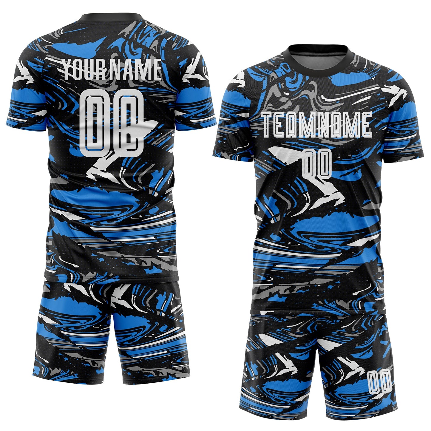 Custom Figure White Black-Powder Blue Fluid Art Splash Sublimation Soccer Uniform Jersey