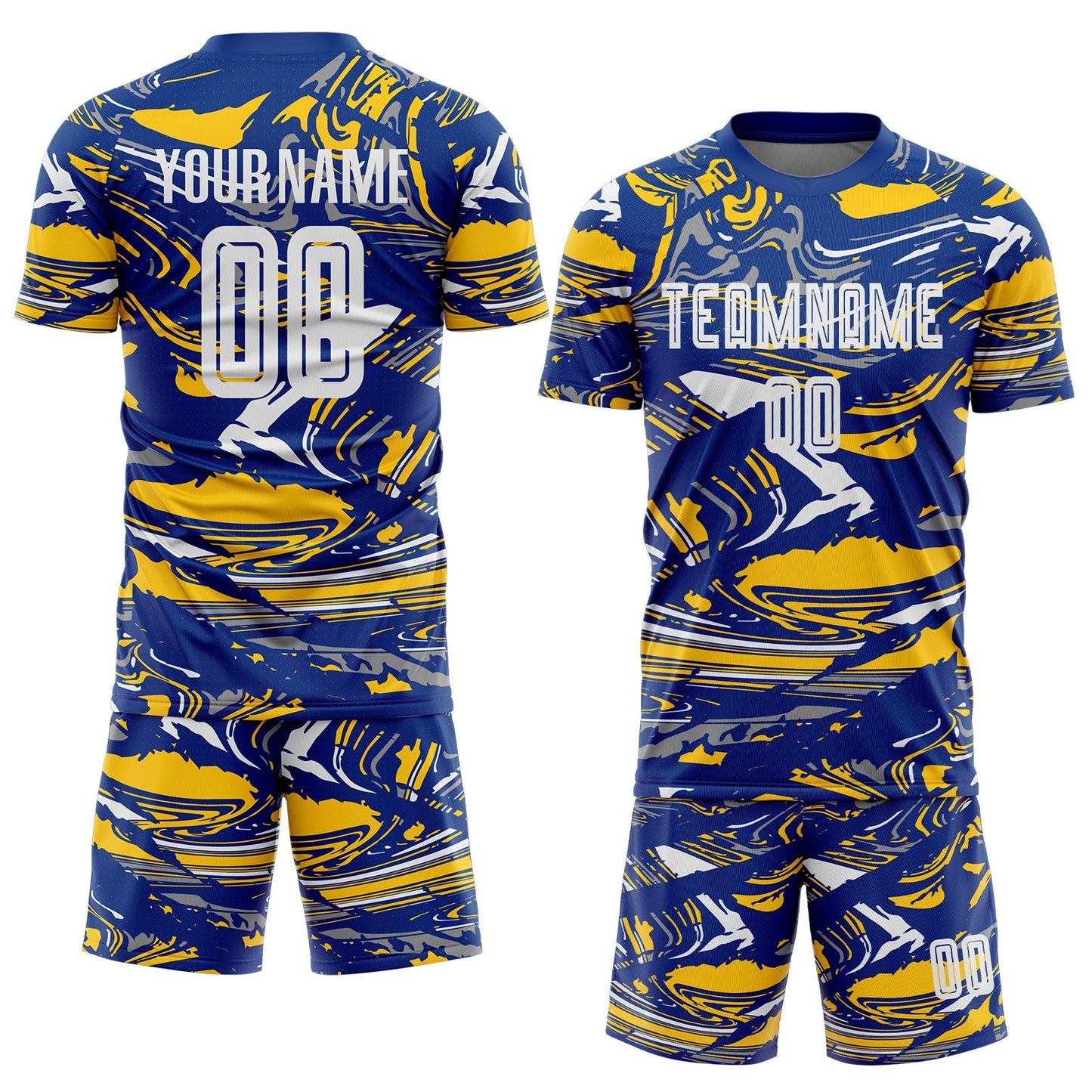 Custom Figure White Royal-Yellow Fluid Art Splash Sublimation Soccer Uniform Jersey
