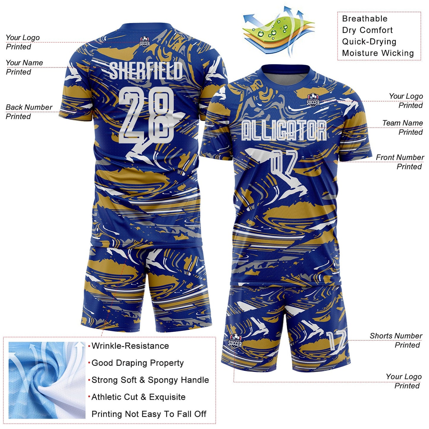 Custom Figure White Royal-Old Gold Fluid Art Splash Sublimation Soccer Uniform Jersey