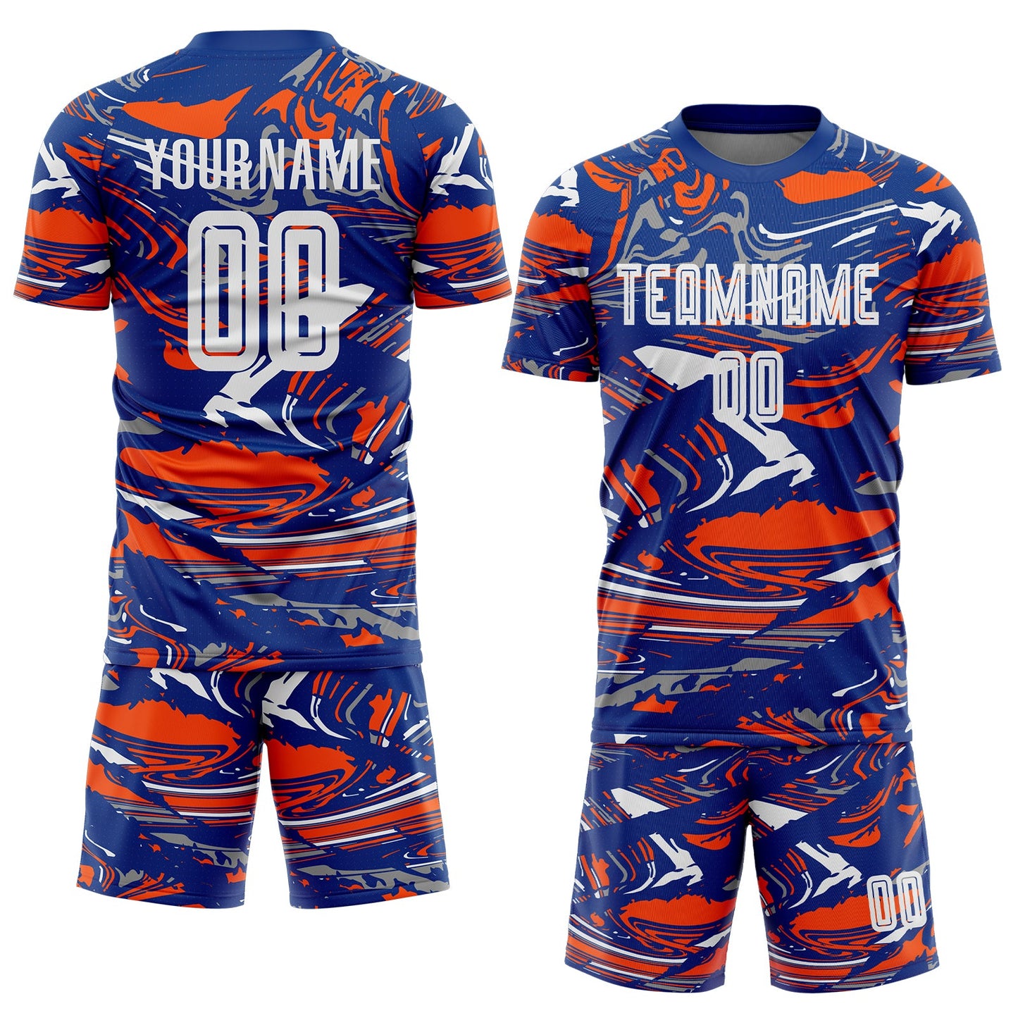 Custom Figure White Royal-Orange Fluid Art Splash Sublimation Soccer Uniform Jersey