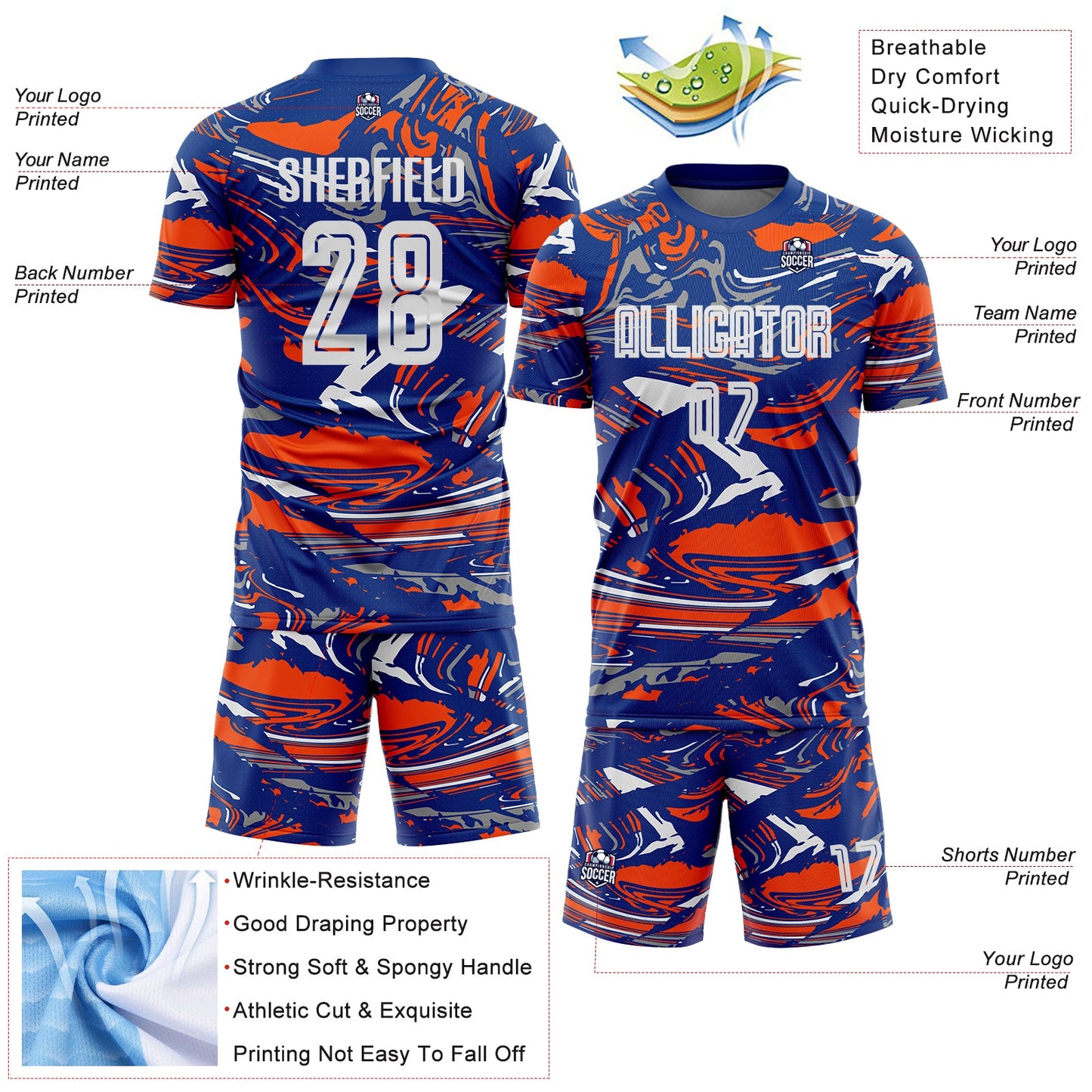Custom Figure White Royal-Orange Fluid Art Splash Sublimation Soccer Uniform Jersey