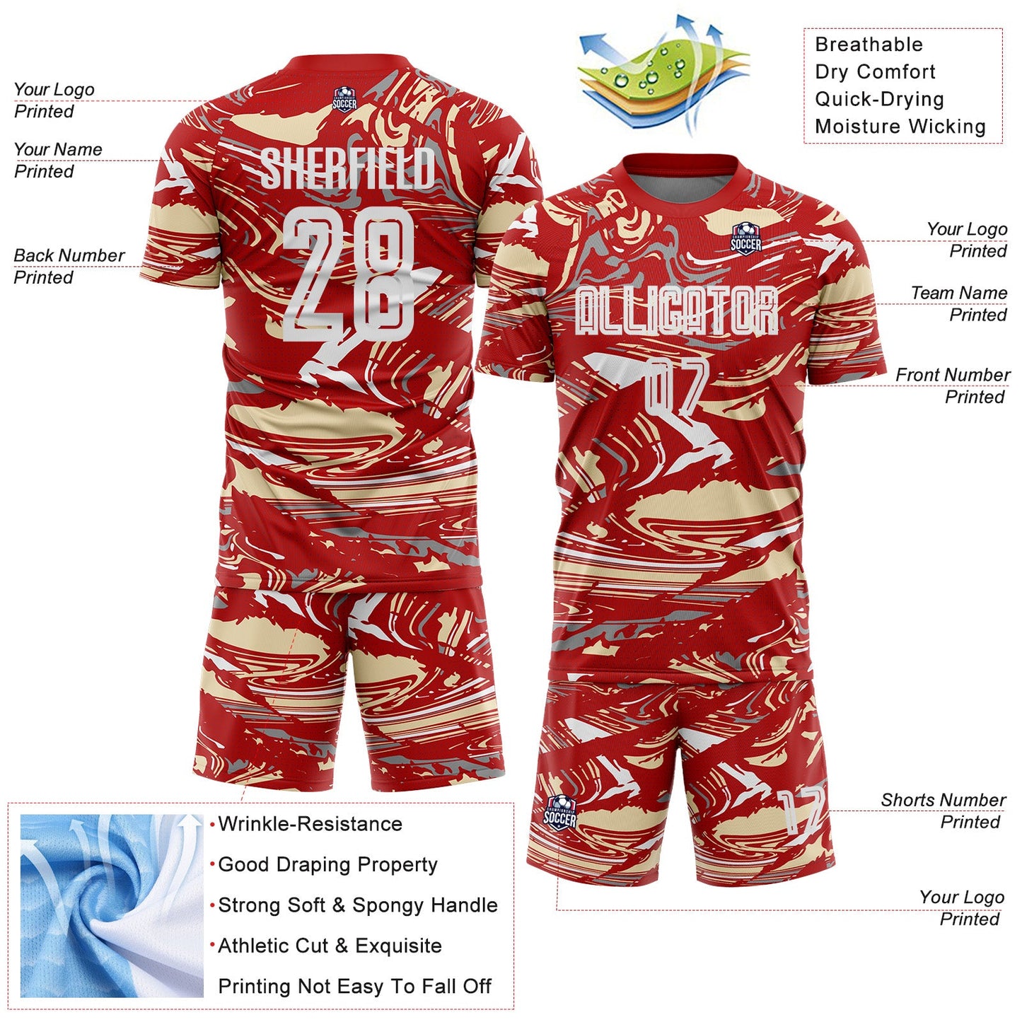 Custom Figure White Red-Cream Fluid Art Splash Sublimation Soccer Uniform Jersey
