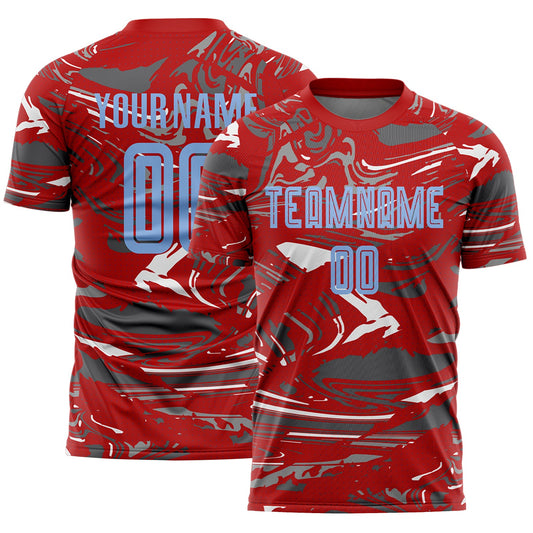 Custom Figure Light Blue Red-Steel Gray Fluid Art Splash Sublimation Soccer Uniform Jersey