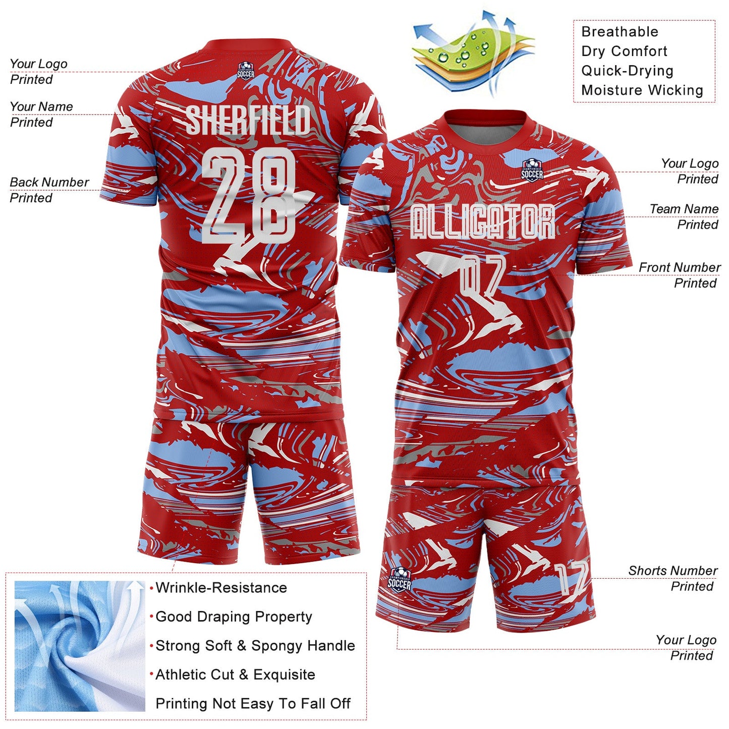 Custom Figure White Red-Light Blue Fluid Art Splash Sublimation Soccer Uniform Jersey