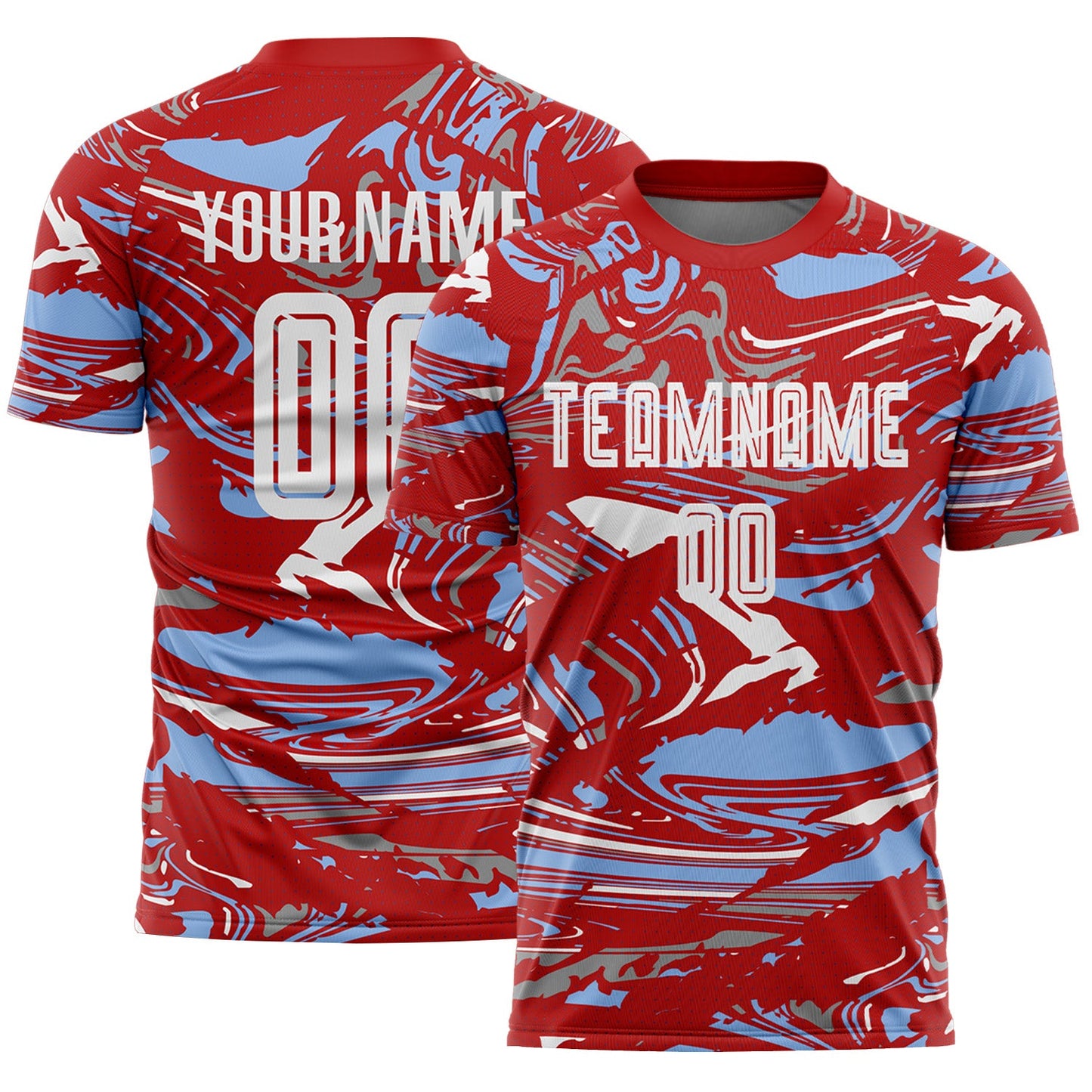 Custom Figure White Red-Light Blue Fluid Art Splash Sublimation Soccer Uniform Jersey