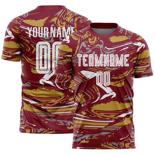Custom Figure White Crimson-Old Gold Fluid Art Splash Sublimation Soccer Uniform Jersey