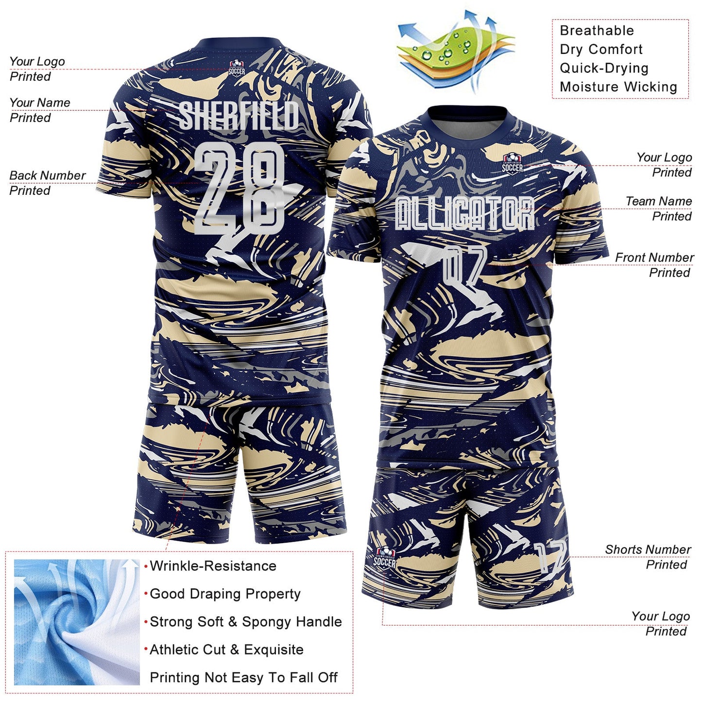 Custom Figure White Navy-Cream Fluid Art Splash Sublimation Soccer Uniform Jersey