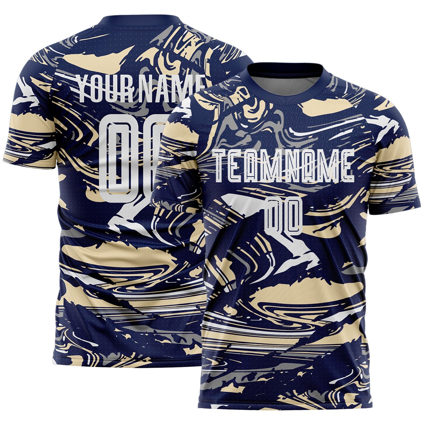 Custom Figure White Navy-Cream Fluid Art Splash Sublimation Soccer Uniform Jersey