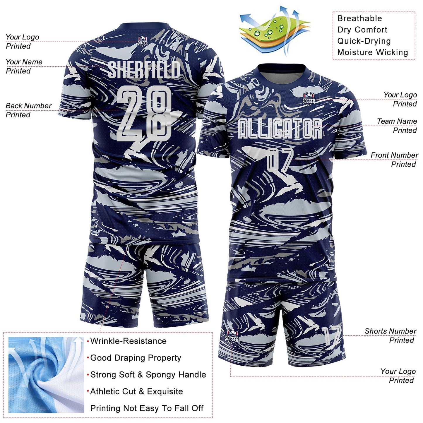 Custom Figure White Navy-Silver Fluid Art Splash Sublimation Soccer Uniform Jersey
