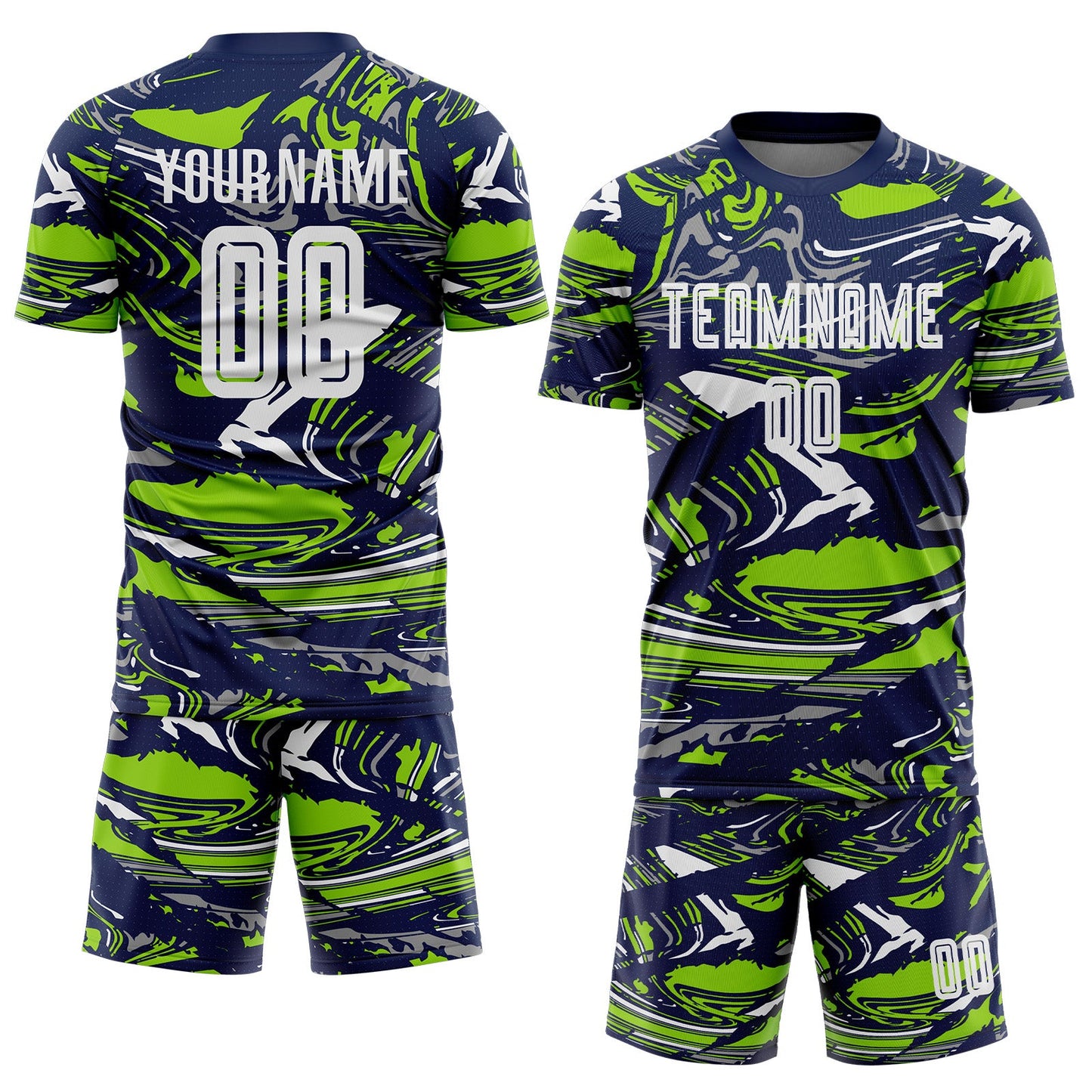 Custom Figure White Navy-Neon Green Fluid Art Splash Sublimation Soccer Uniform Jersey