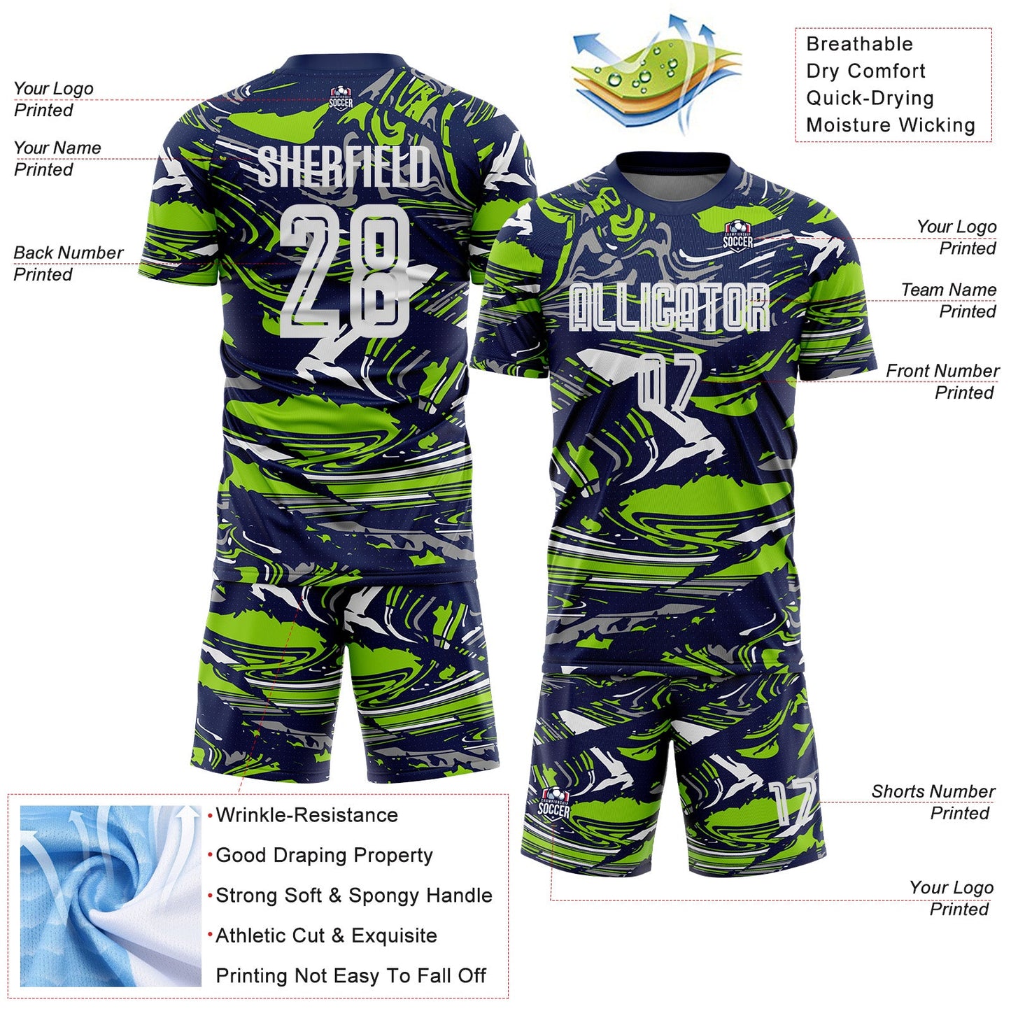 Custom Figure White Navy-Neon Green Fluid Art Splash Sublimation Soccer Uniform Jersey