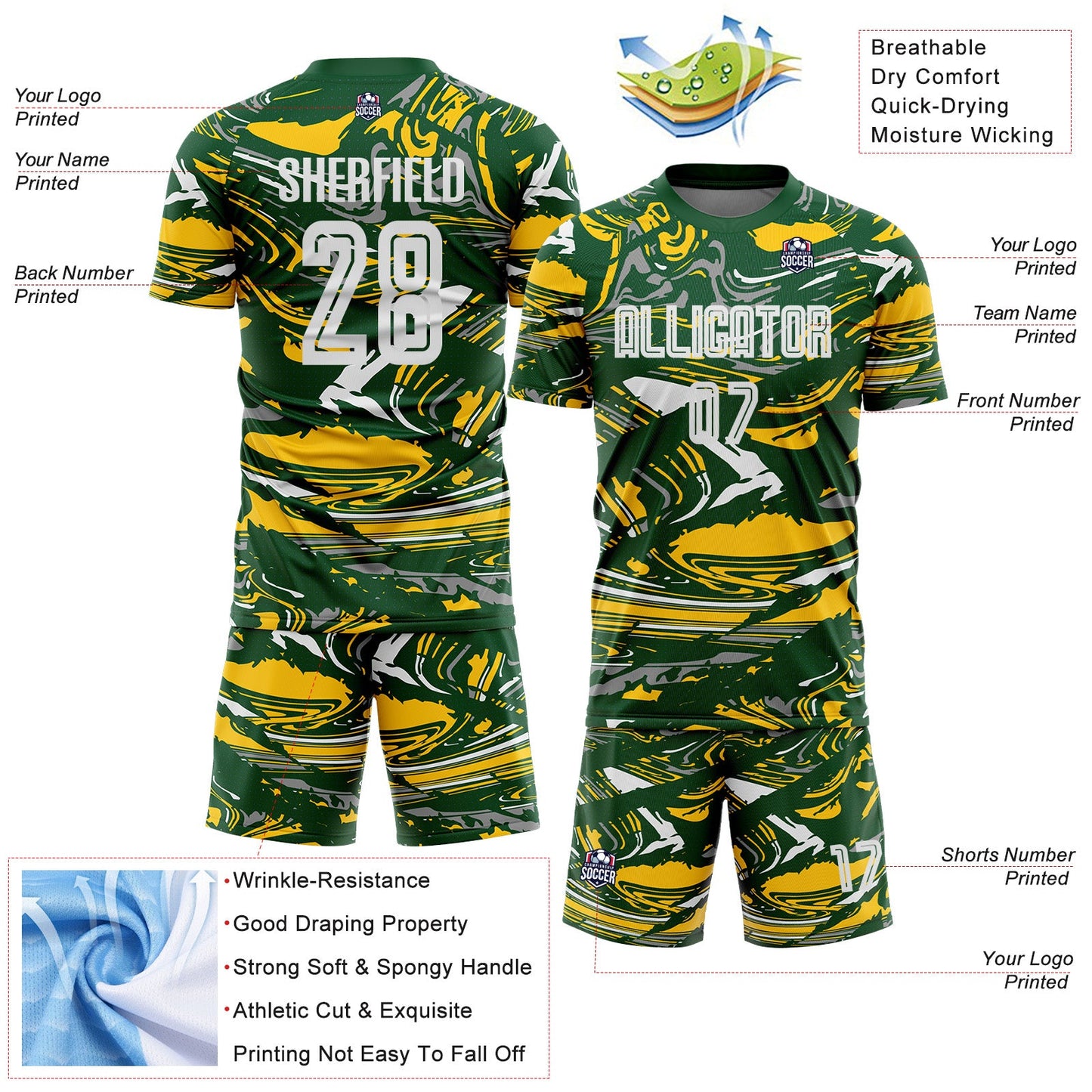 Custom Figure White Green-Yellow Fluid Art Splash Sublimation Soccer Uniform Jersey
